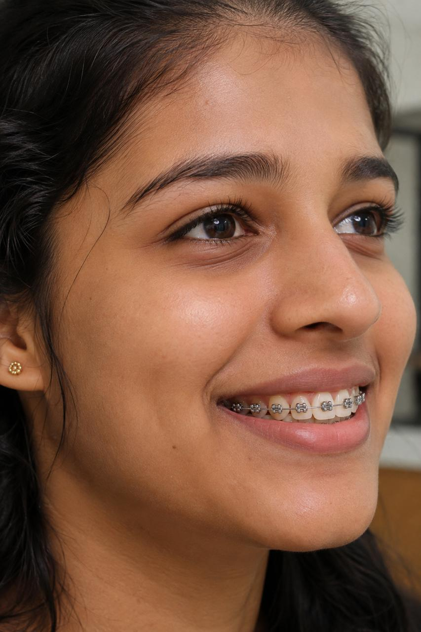 Woman smiling with metal braces