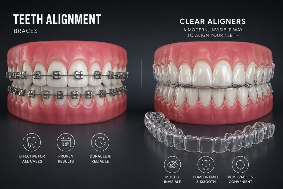 Braces and clear aligners for teeth alignment