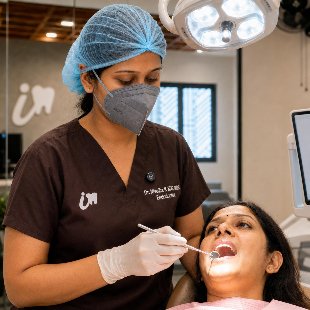 Dr. Nivedha providing attentive dental care to a patient