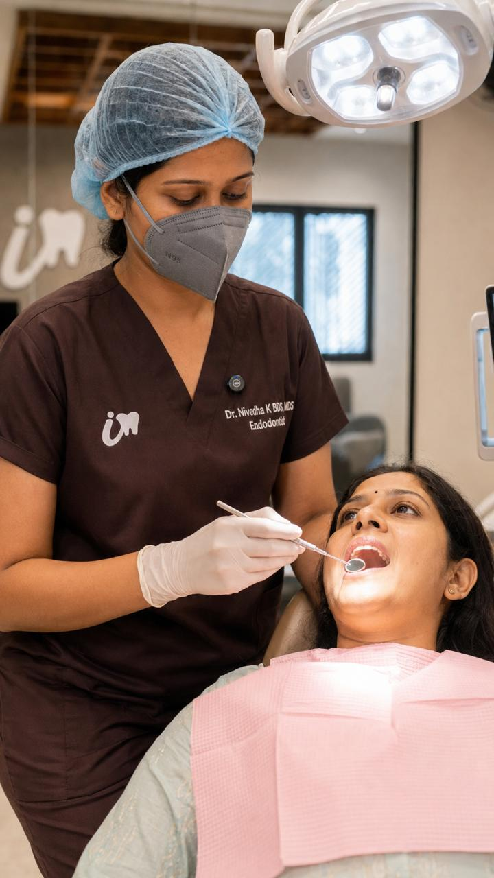 Dr. Nivedha providing attentive dental care to a patient